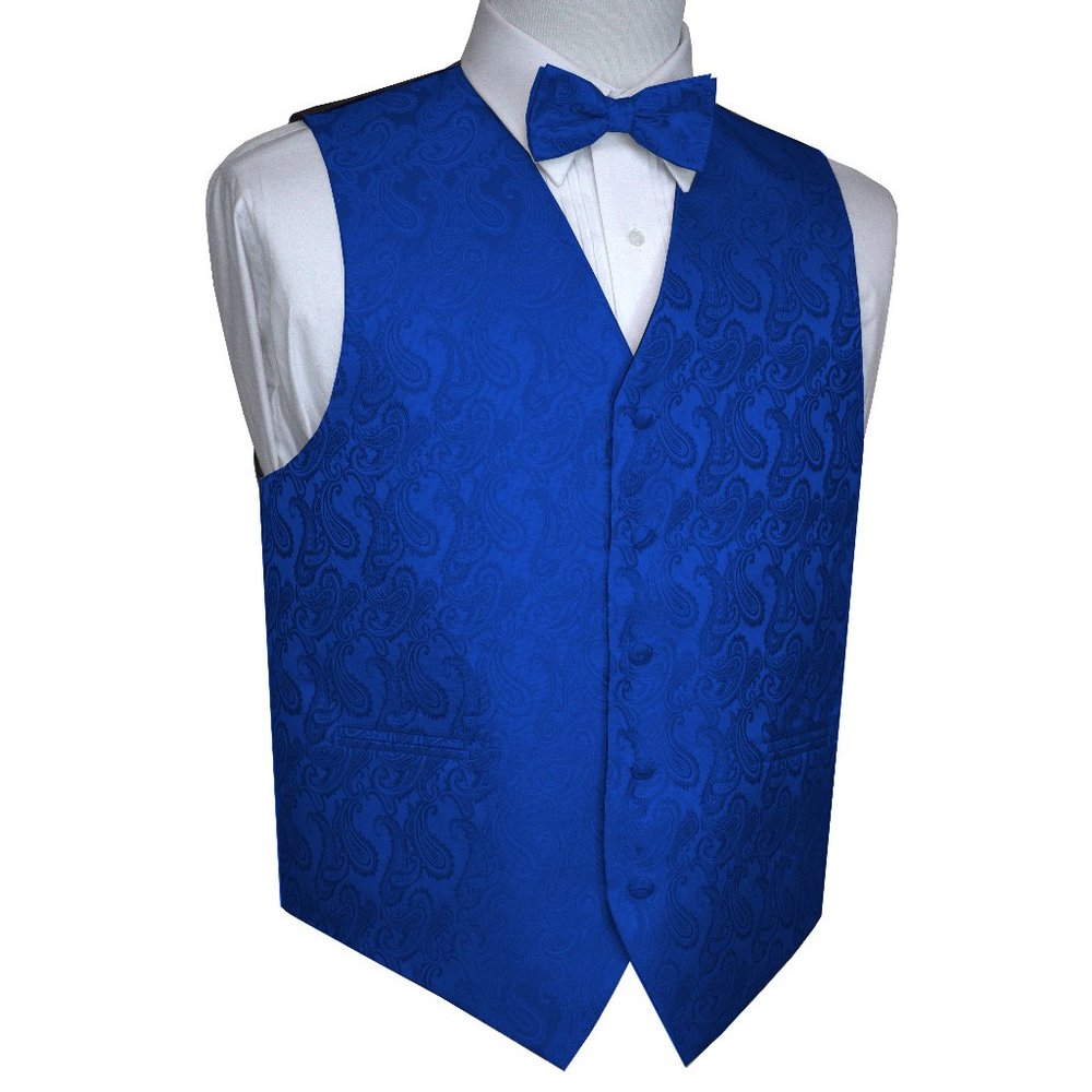 Men's Formal Wedding Prom Homecoming Tuxedo Vest Bow-Tie Hankie - Blue Paisley
